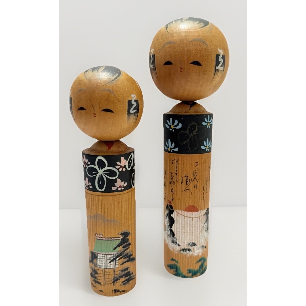 Japanese Kokeshi Dolls 2PC Japan Happy Wedding Bobble Head Hand Painted VTG Boho